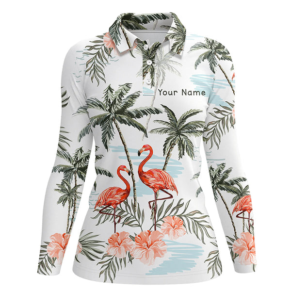 Flamingo tropical palm tree Women golf polo shirts custom ladies golf tops, personalized golf gifts NQS6878