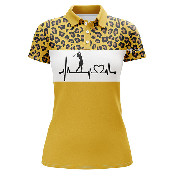 Womens golf polo shirt golf heartbeat custom name leopard golf shirt, golfing gifts for women NQS4960
