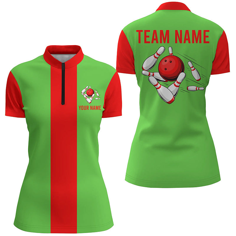 Red Green Christmas Bowling Quarter Zip shirt For women custom vintage bowling team jerseys NQS6882