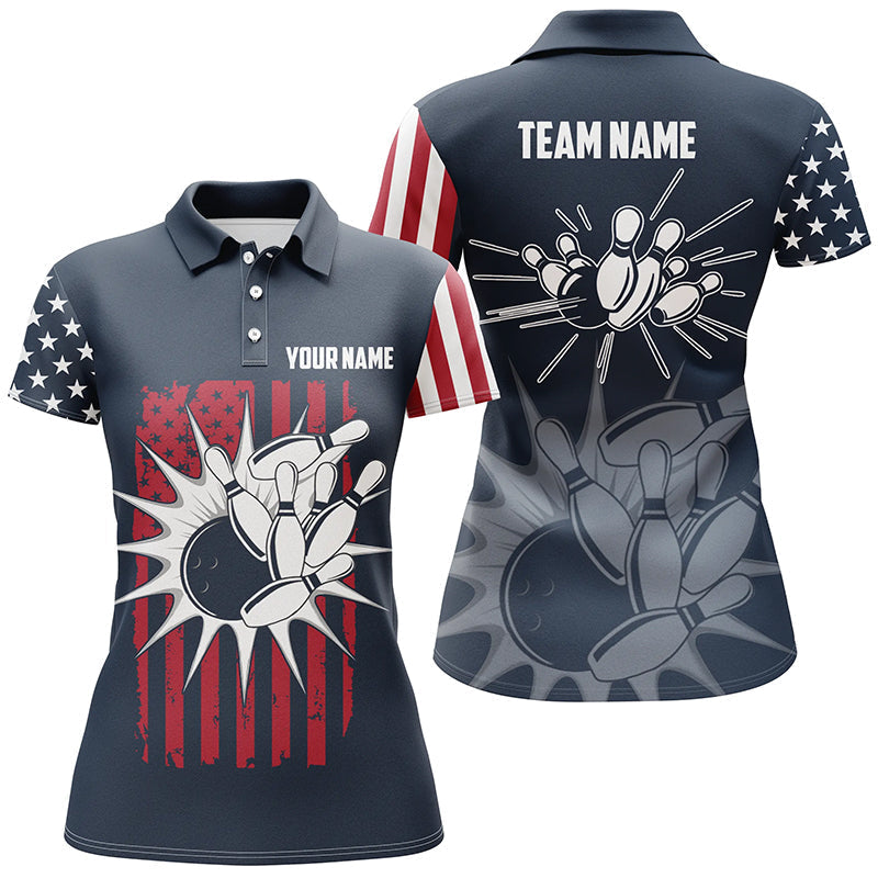 Custom Blue Bowling polo Shirt For Women retro USA Flag Bowling Jersey, Bowling Team Shirt NQS6437