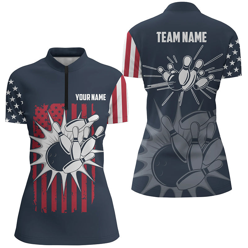 Custom Blue Bowling Quarter Zip Shirt For Women USA Flag Bowling Jersey 1/4 Zip Bowling Team Shirt NQS6437