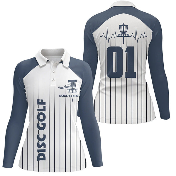 Blue white Womens disc golf polo shirt custom name, number disc golf heartbeat jersey, disco golf outfit NQS6206