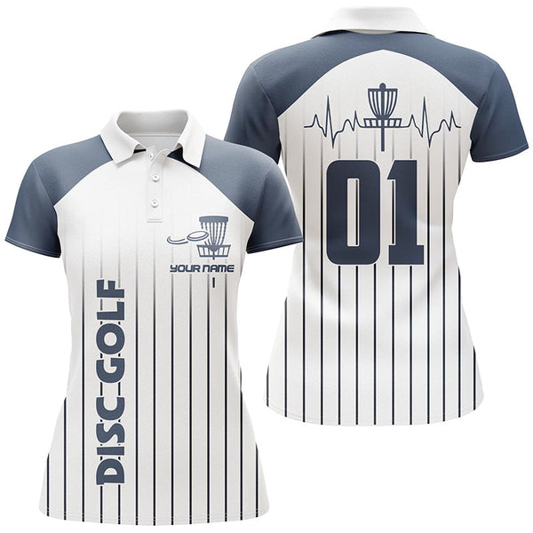 Blue white Womens disc golf polo shirt custom name, number disc golf heartbeat jersey, disco golf outfit NQS6206
