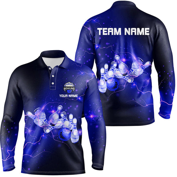Mens Bowling Polo Shirts Custom Blue flashes of lightning thunder bowling team Mens Bowler Jerseys NQS6681