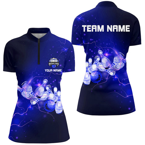 Womens Bowling Quarter-Zip Shirts Custom Blue flashes of lightning thunder bowling team Ladies Jerseys NQS6681