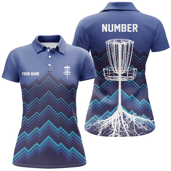 Womens Disc golf polo shirt custom blue pattern Disc Golf Basket Tree jerseys, frisbee golf shirt NQS6684