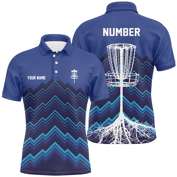 Mens Disc golf polo shirts custom blue pattern Disc Golf Basket Tree jerseys, frisbee golf shirt NQS6684
