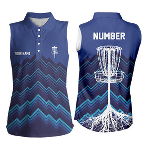 Womens sleeveless polo shirt custom blue pattern Disc Golf Basket Tree jerseys, frisbee golf shirt NQS6684