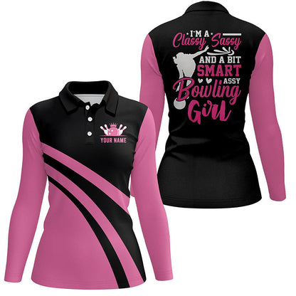 Custom pink women bowling polo shirts I'm a classy sassy and a bit smart assy bowling girl NQS6695
