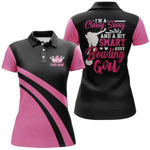 Custom black pink women bowling polo shirts I'm a classy sassy and a bit smart assy bowling girl NQS6695