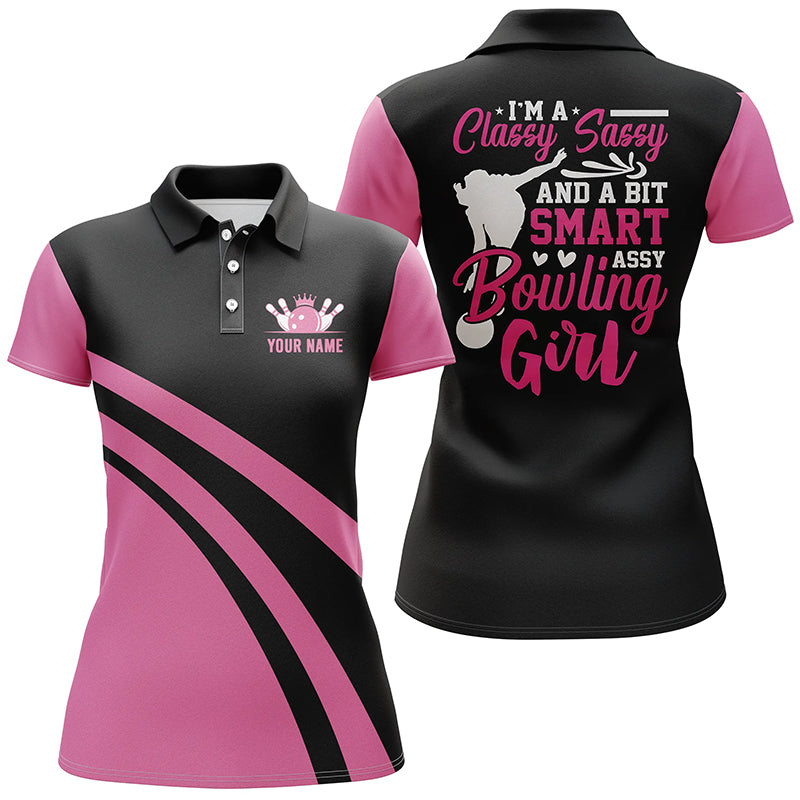 Custom pink women bowling polo shirts I'm a classy sassy and a bit smart assy bowling girl NQS6695