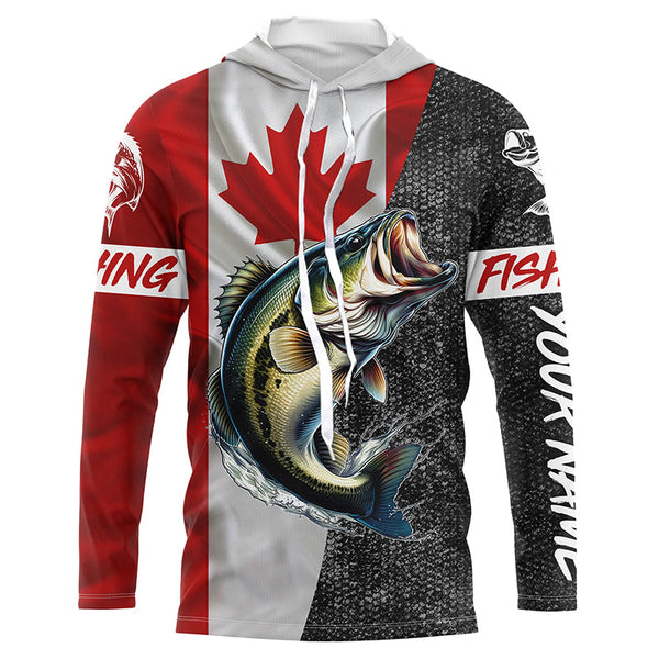 Canadian Flag Largemouth Bass Fishing Custom long sleeve performance Fishing Shirts, Bass jerseys NQS5038