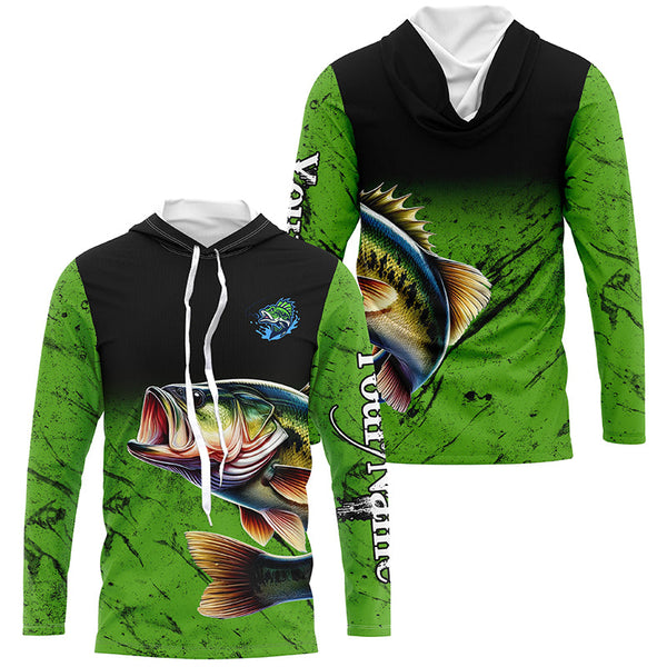 Largemouth Bass Fishing Custom green black long sleeve performance Fishing Shirt, Bass fishing jerseys NQS5041