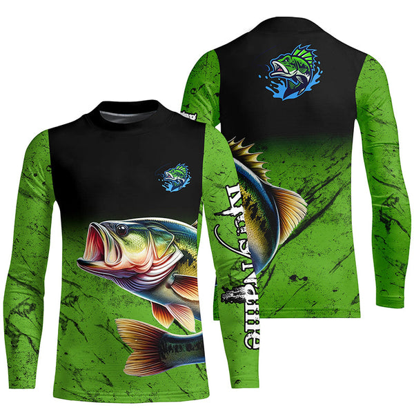 Largemouth Bass Fishing Custom green black long sleeve performance Fishing Shirt, Bass fishing jerseys NQS5041