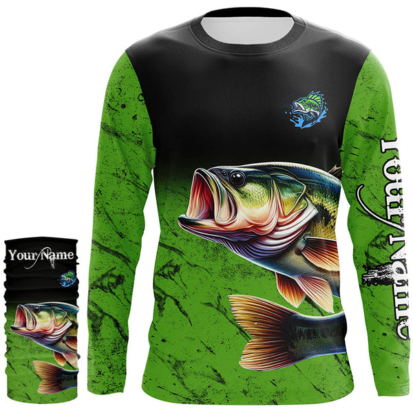 Largemouth Bass Fishing Custom green black long sleeve performance Fishing Shirt, Bass fishing jerseys NQS5041