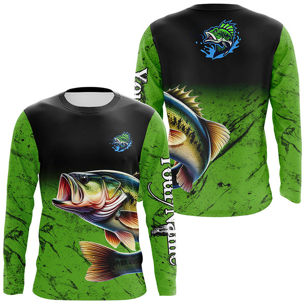 Largemouth Bass Fishing Custom green black long sleeve performance Fishing Shirt, Bass fishing jerseys NQS5041