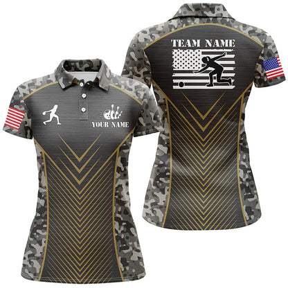 Womens Bowling Polo Shirts Custom green camo American flag team League Womens Jerseys NQS6702