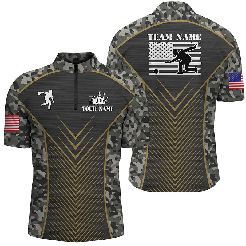 Mens Bowling Quarter-Zip Shirts Custom green camo American flag team League Mens Jerseys NQS6702