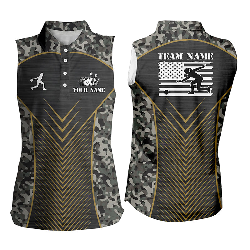 Womens Bowling sleeveless Polo Shirts Custom green camo American flag team Ladies Jerseys NQS6702