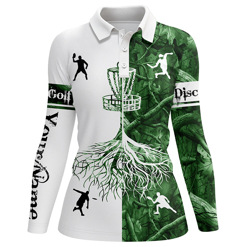 Women disc golf polo shirts green camo custom name disc golf team shirt, disc golf gifts NQS6896