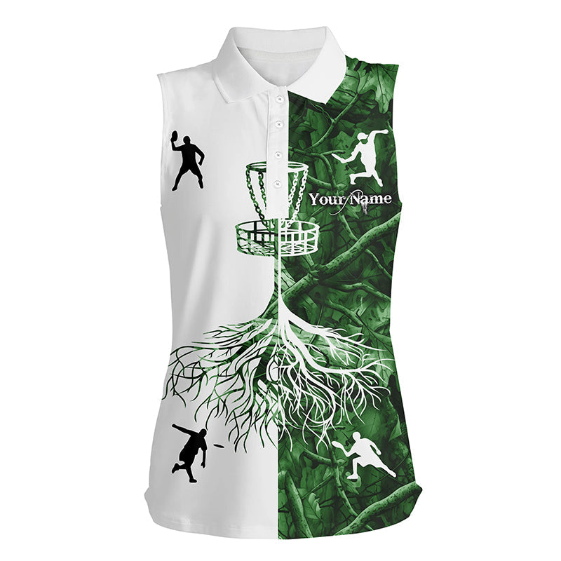 Womens sleeveless disc golf polo shirts green camo custom name disc golf team shirt, disc golf gifts NQS6896