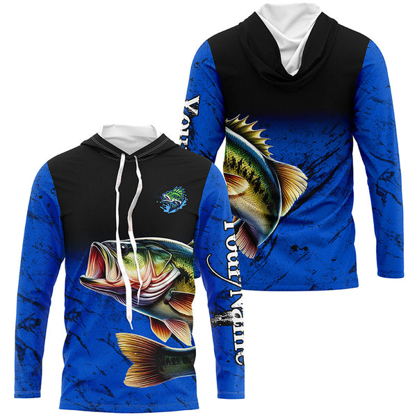 Largemouth Bass Fishing Custom blue black long sleeve performance Fishing Shirt, Bass fishing jerseys NQS5070