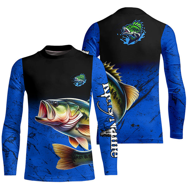 Largemouth Bass Fishing Custom blue black long sleeve performance Fishing Shirt, Bass fishing jerseys NQS5070