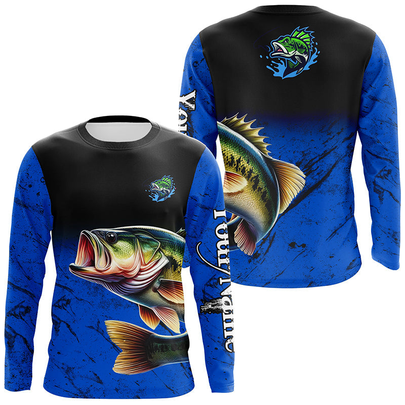 Largemouth Bass Fishing Custom blue black long sleeve performance Fishing Shirt, Bass fishing jerseys NQS5070