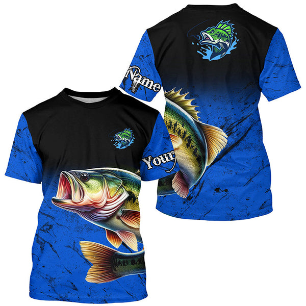 Largemouth Bass Fishing Custom blue black long sleeve performance Fishing Shirt, Bass fishing jerseys NQS5070