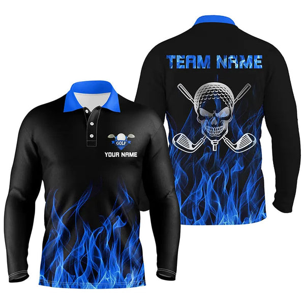 Black Mens golf polo shirts custom blue flame skull golf clubs, personalized golf gifts for men NQS6726