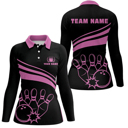 Personalized polo bowling shirts for women, custom black womens bowling shirts team bowl jersey | Pink NQS6923