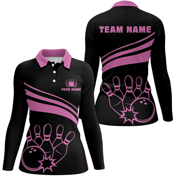Personalized polo bowling shirts for women, custom black womens bowling shirts team bowl jersey | Pink NQS6923