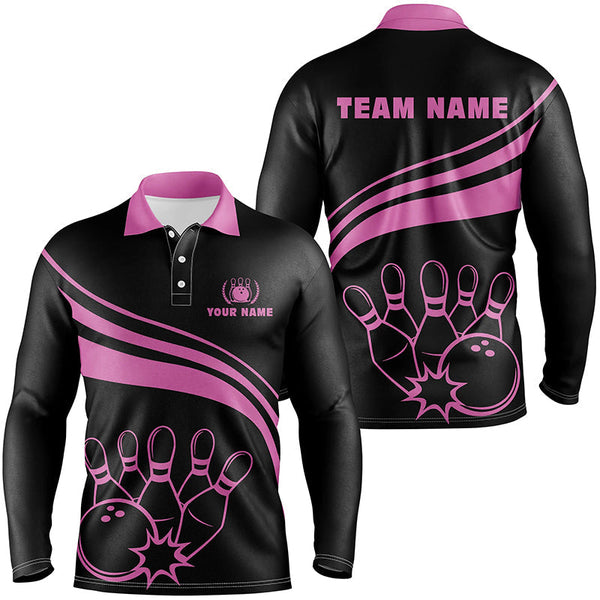 Personalized black bowling polo shirts for men, custom men's bowling shirt team bowling jerseys | Pink NQS6923