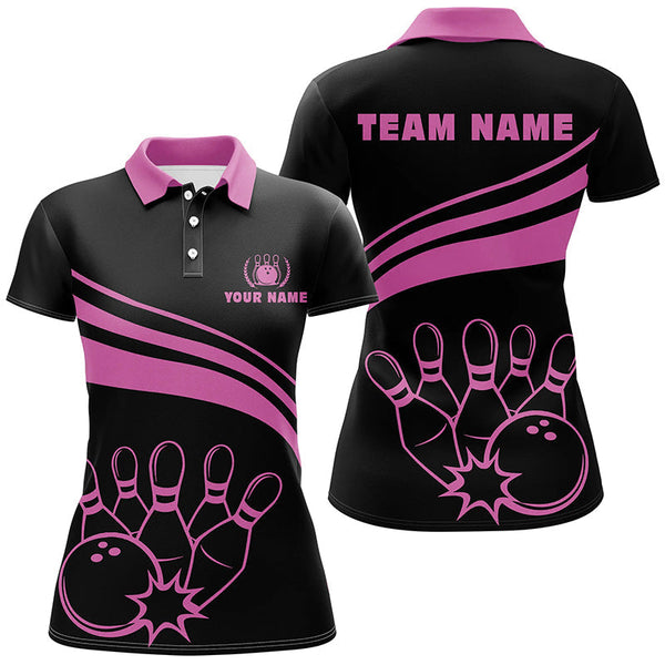 Personalized polo bowling shirts for women, custom black womens bowling shirts team bowl jersey | Pink NQS6923