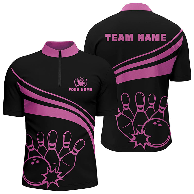 Personalized bowling Quarter Zip shirts for men, black men's bowling shirt team bowl jersey | Pink NQS6923