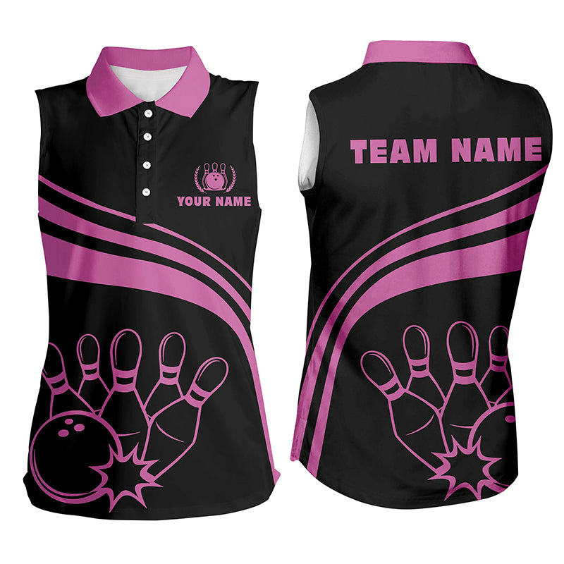 Personalized bowling Sleeveless polo shirts for womens, black bowling shirts team bowl jersey | Pink NQS6923