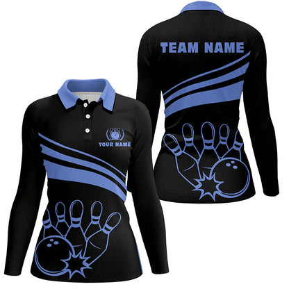 Personalized polo bowling shirts for women, custom black womens bowling shirts team bowl jersey | Blue NQS6924