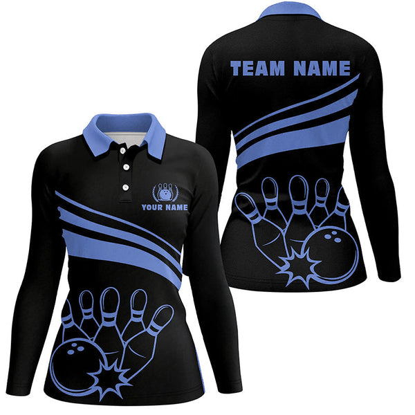 Personalized polo bowling shirts for women, custom black womens bowling shirts team bowl jersey | Blue NQS6924