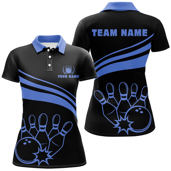 Personalized polo bowling shirts for women, custom black womens bowling shirts team bowl jersey | Blue NQS6924
