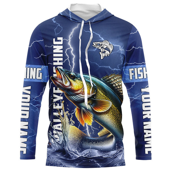 Walleye Fishing blue lightning jerseys custom name performance Long Sleeve tournament fishing shirts NQS5352