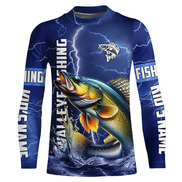 Walleye Fishing blue lightning jerseys custom name performance Long Sleeve tournament fishing shirts NQS5352