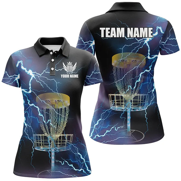 Women disc golf polo shirts custom blue lightning thunder disc golf basket disco golf outfit NQS6265