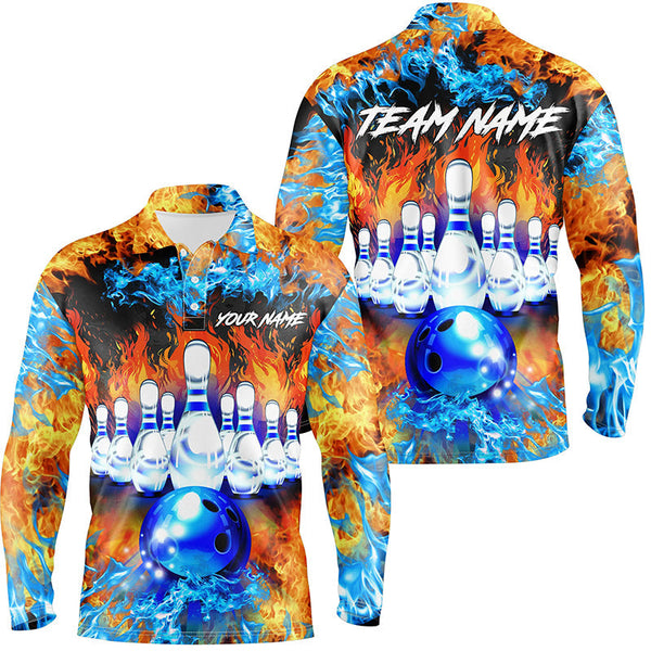 Flame bowling ball and pins Bowling Polo Shirts For Men Custom blue fire bowling Team League Jerseys NQS6738