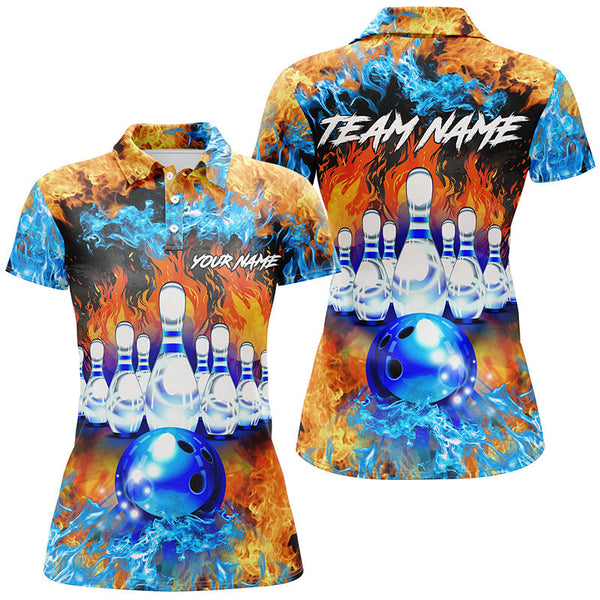 Flame bowling ball and pins Bowling Polo Shirts For Women Custom blue fire bowling Team League Jerseys NQS6738