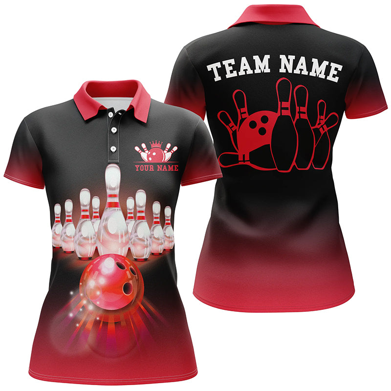 Personalized Red gradient Bowling ball and pins Team Jerseys, Womens bowling polo shirt Bowling League NQS7375