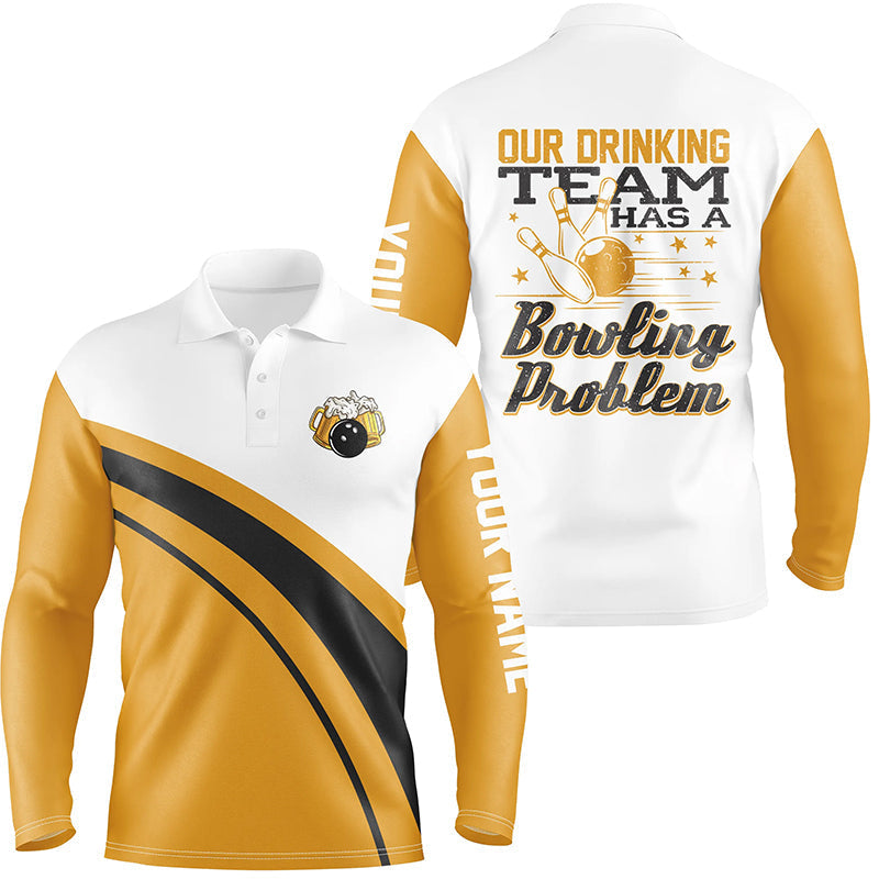 Funny yellow retro Bowling beer Polo Shirts for men Custom My drinking team has a bowling problem NQS6755