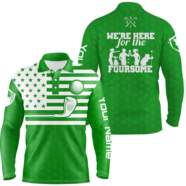 Green white American flag mens golf polo shirts custom name we're here for the foursome golf gifts NQS5088