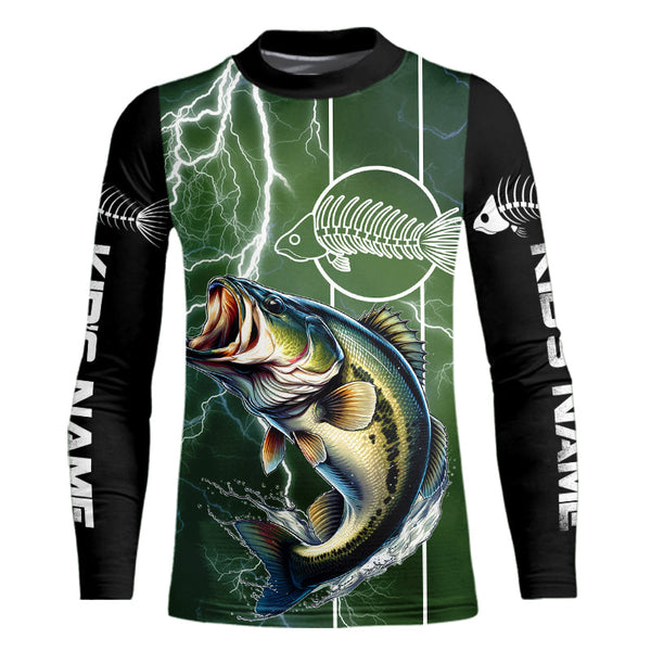 Largemouth Bass Fishing Custom Long sleeve Fishing Shirts, Bass green lightning reaper Fishing jerseys NQS4015