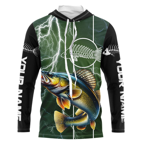 Walleye Fishing Custom Long sleeve Fishing Shirts, Walleye green lightning reaper Fishing jerseys NQS4016