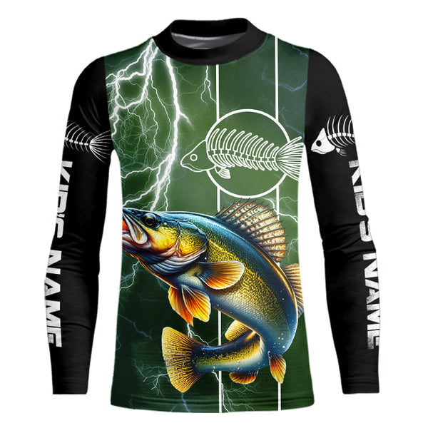 Walleye Fishing Custom Long sleeve Fishing Shirts, Walleye green lightning reaper Fishing jerseys NQS4016